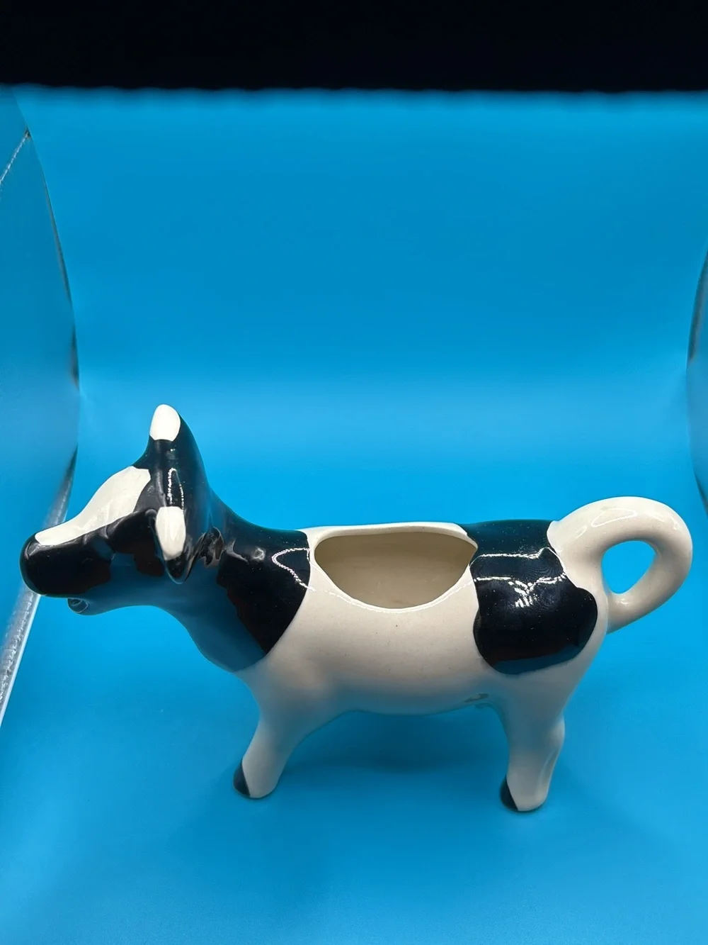 Glossy Black & White Ceramic Cow Creamer Figurine